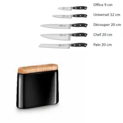 SABATIER Bloc Couteau Noir Manille avec 5 Couteaux de Cuisine Ysis New