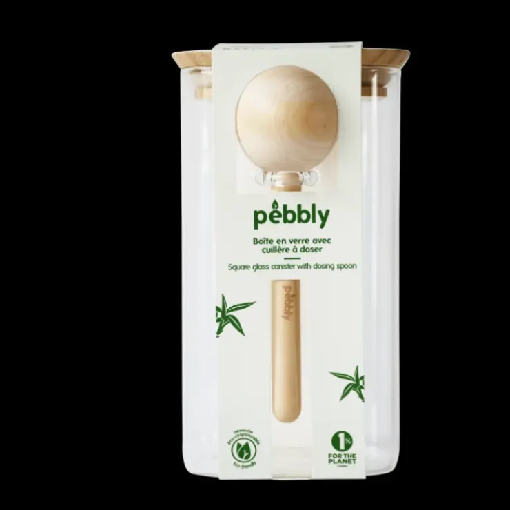 PEBBLY Boite de Conservation Carrée en Verre et Bambou avec Cuillère Doseuse 1,4 L Sale
