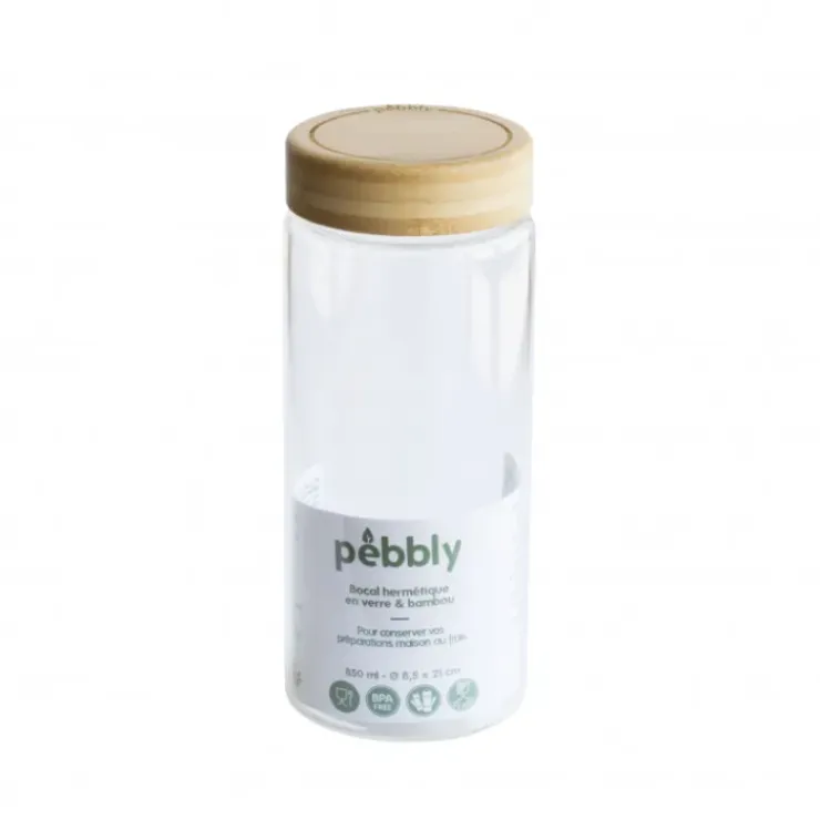 PEBBLY Boîte de Conservation en Verre et Bambou Rond 850 ml New