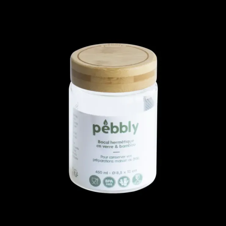 PEBBLY Boîte de Conservation en Verre et Bambou Rond 450 ml New