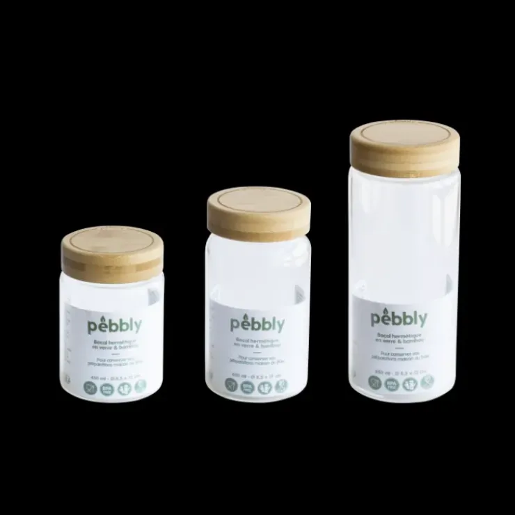 PEBBLY Boîte de Conservation en Verre et Bambou Rond 450 ml New