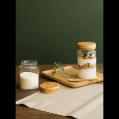 PEBBLY Boîte de Conservation en Verre et Bambou Rond 450 ml New