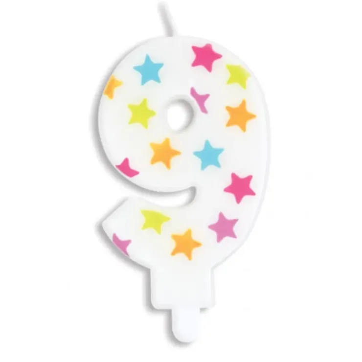 SCRAPCOOKING Bougie Chiffre 9 Blanche à Etoiles Multicolores Discount