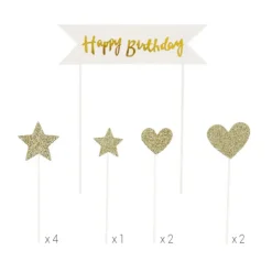 PATISDECOR Cake Topper Happy Birthday Cœurs et Étoiles Dorés (x10) Patisdécor Discount