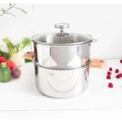 CRISTEL Casserole et Cuit Vapeur Inox Ø 24 cm Anses Hêtre Biome Discount