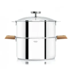 CRISTEL Casserole et Cuit Vapeur Inox Ø 24 cm Anses Hêtre Biome Discount