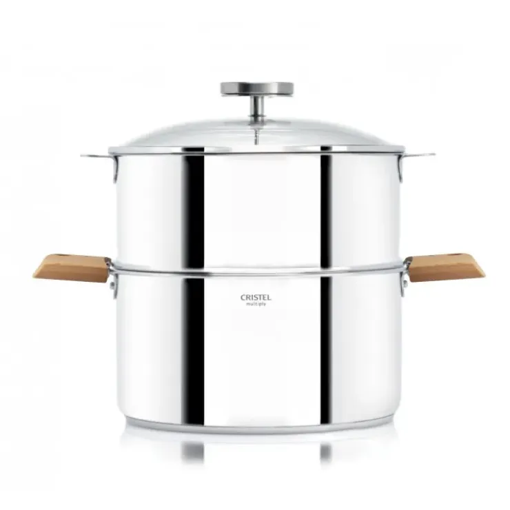 CRISTEL Casserole et Cuit Vapeur Inox Ø 24 cm Anses Hêtre Biome Discount