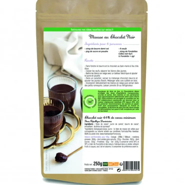 WEISS Chocolat Noir Bio 64% Fondettes 250g Outlet