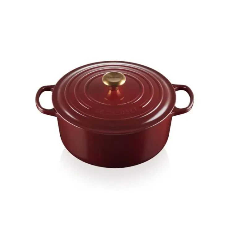 LE CREUSET Cocotte en Fonte Ronde 28 cm Garnet Bouton Doré Signature Sale