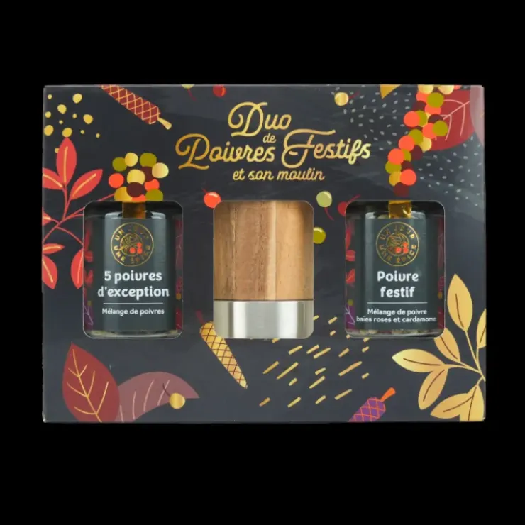 UN JOUR UNE EPICE Coffret Poivres Festifs avec Tête de Moulin Outlet