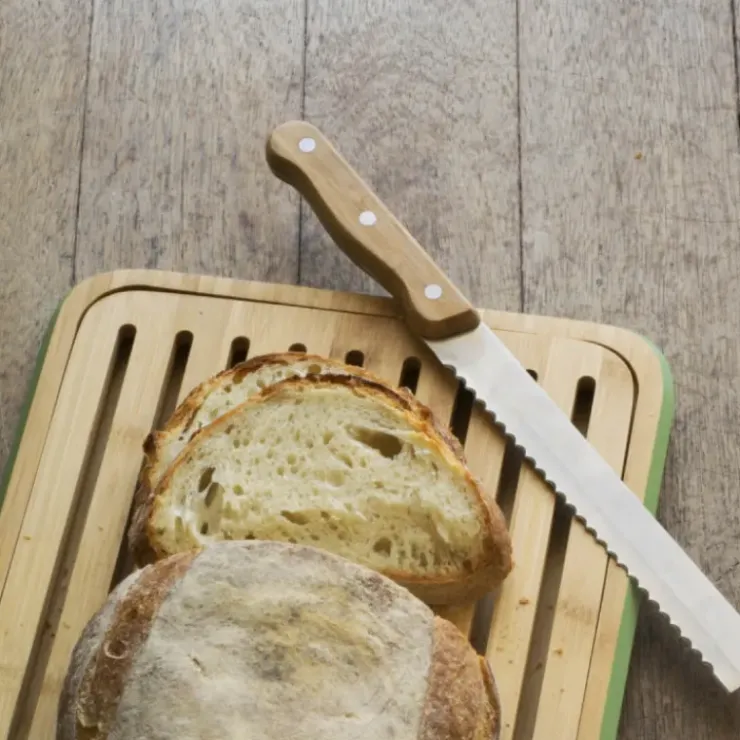 PEBBLY Couteau à Pain Inox et Bambou 32 cm New