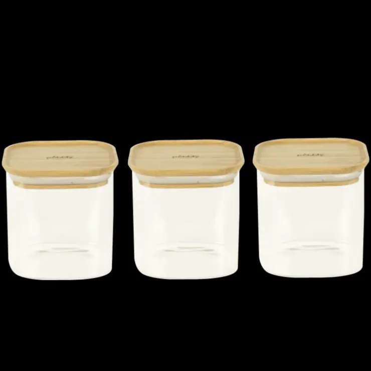 PEBBLY Lot 3 Boîtes de Conservation en Verre et Bambou Carré 800 ml Online