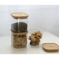 PEBBLY Lot 3 Boîtes de Conservation en Verre et Bambou Carré 800 ml Online