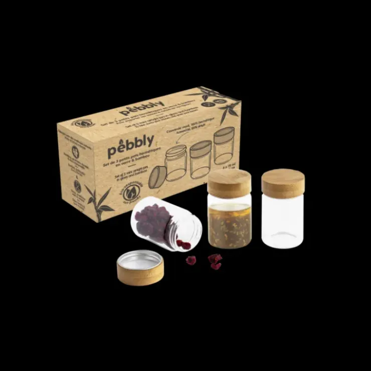 PEBBLY Lot 3 Pots en Verre et Bambou 75 ml Outlet