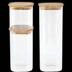 PEBBLY Lot de 3 Boîtes de Conservation en Verre Carrée Couvercle Bambou Clearance