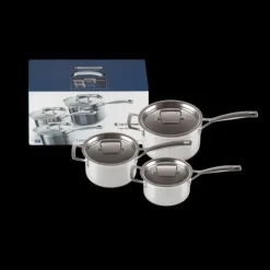 LE CREUSET Set 3 Pièces Casseroles Inox avec Couvercle New
