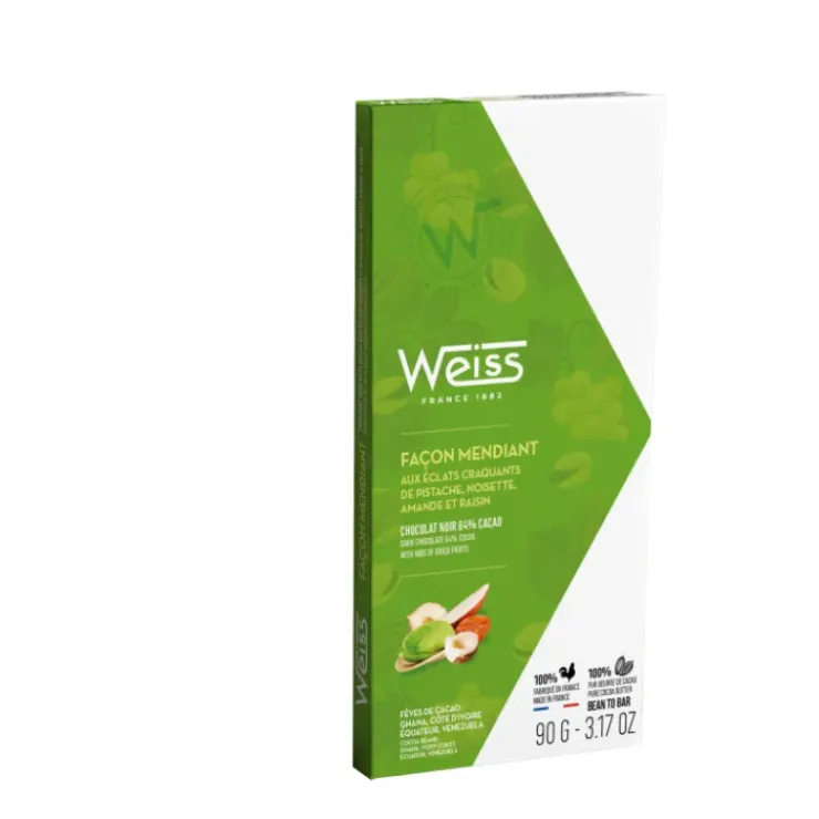 WEISS Tablette de Chocolat Noir Mendiant 64% 90 g New